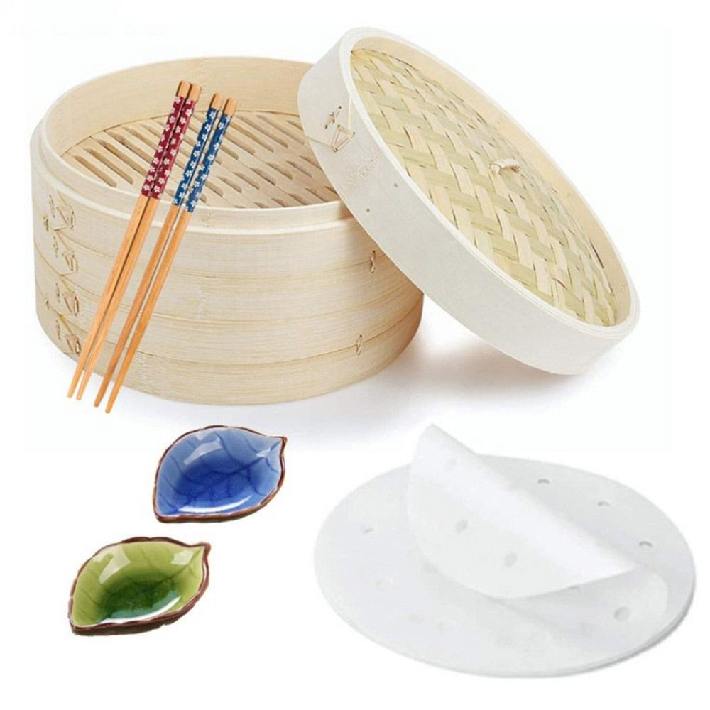 Bao Steamer Bamboo - ซึ้งนึ่งอาหารจีน ซึ้งนึ่งไม้ไผ่ สำหรับทำติ่มซำ ซาลาเปา ตะกร้าซึ้งนึ่งพร้อมฝาปิด ตะกร้าซึ้งนึ่งไม้ไผ่