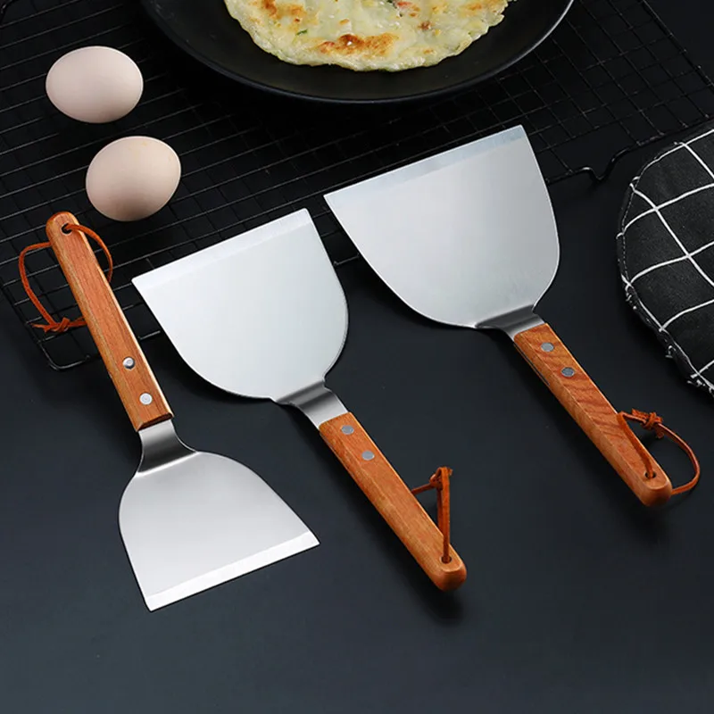 Okonomiyaki Spatula - สแตนเลสสตีล ด้ามไม้ ตะหลิวเทปปันยากิ กันลื่น สำหรับทอดปลา แพนเค้ก
