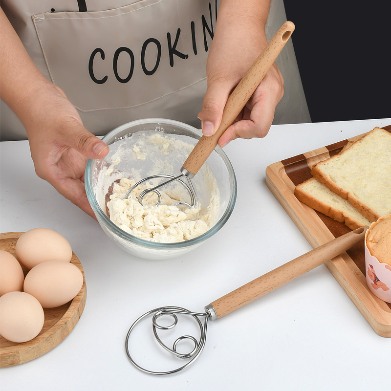 Danish Pancake Pan - เครื่องผสมอาหารสแตนเลสขนาด 10 นิ้ว พร้อมด้ามจับไม้ ที่ตีแป้ง ที่ตีไข่